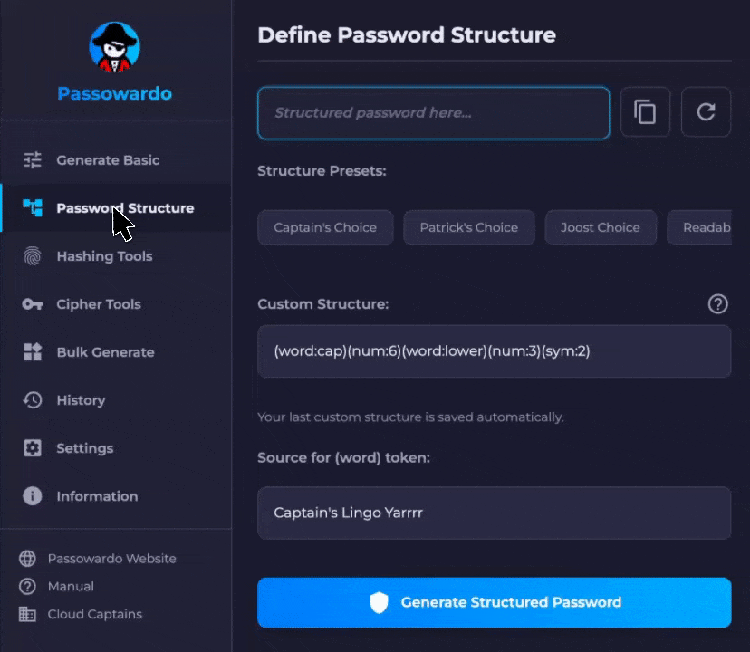 Generate Visualize complex password creation with structures